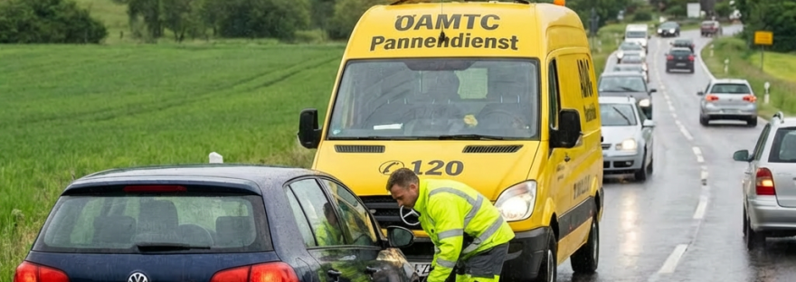 ADAC roadside assistance worker inspecting a car on a rainy road near a village.