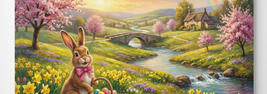 Illustration of an Easter bunny with an egg basket in a flowering spring landscape.